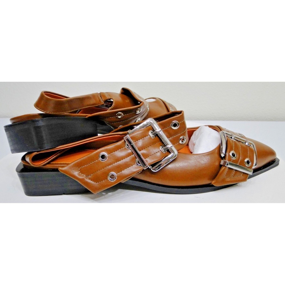 Chunky Buckle Slingback Ballerina Heel Brown Patent Leather Shoes Size 11 - Picture 4 of 13